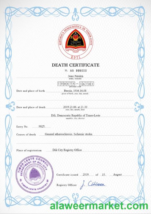 Timor-Leste vital record death certificate PSD template